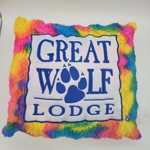 Great Wolf Lodge Plush Throw Pillow Rainbow Tie Dye Yellow Back Decorative 14x14